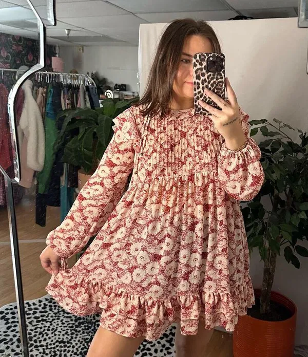 Free People These Dreams Red Floral Print Pleated Mini Dress in Tea Combo - Image 6