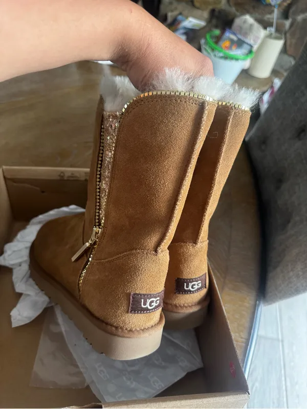 UGG Chestnut Suede Shearling Mid-Calf Boot with Gold Zip & Gem Accent - Image 4