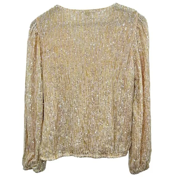 Boston Proper Sequin Wrap Blouse Long Sleeve Metallic Gold‎ Beige New Years Eve - Image 2