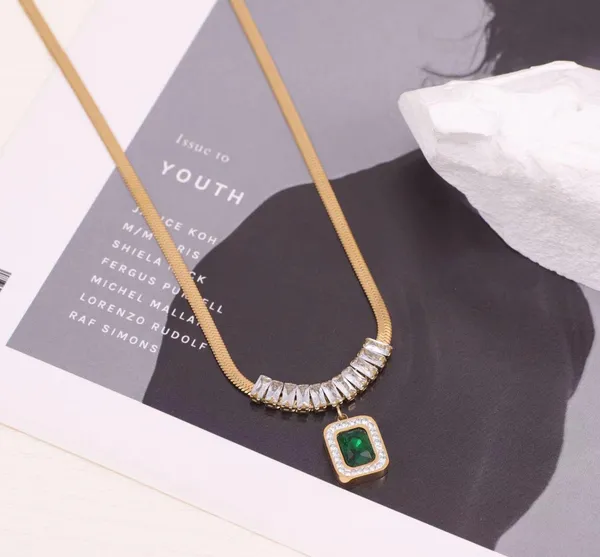 Green Stone Square Pendant Gold Necklace - Image 4