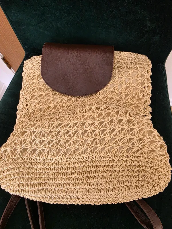 Woven Straw Backpack with Brown Leather Flap Tan - Image 7