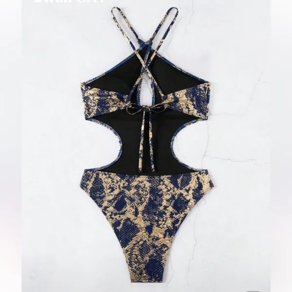 SHEIN Blue and Gold One Piece Swimsuit - Image 5