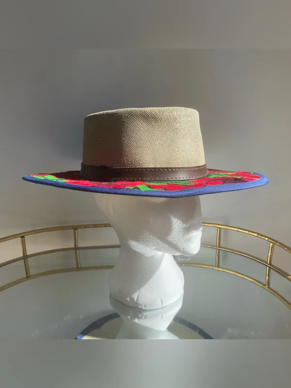 Colorful bold floral embroidered Mexican summer sun hat boho Southwest one size - Image 2