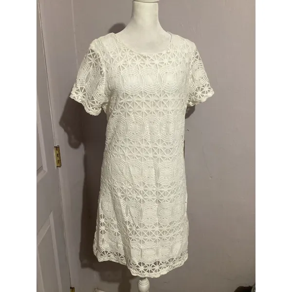 Lulu’s Love You For Eternity Off White Floral Lace Shift Short Sleeve Mini Dress - Image 2