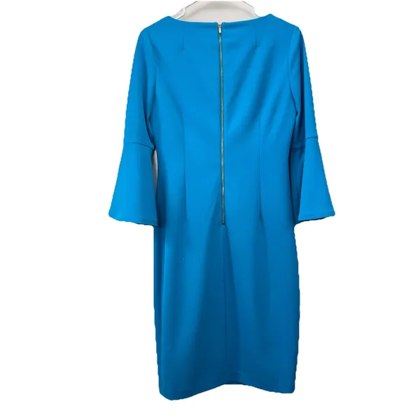 Calvin Klein Turquoise Blue‎ 3/4 Bell Sleeve Stretch Crepe Sheath Dress Size 6 - Image 5