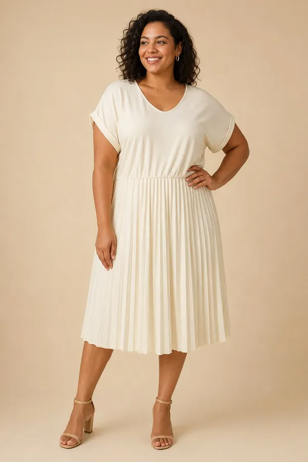 Title: Elizabeth & Nicole Women’s XL Ivory Pleated Midi Dress Short Sleeve - Image 3