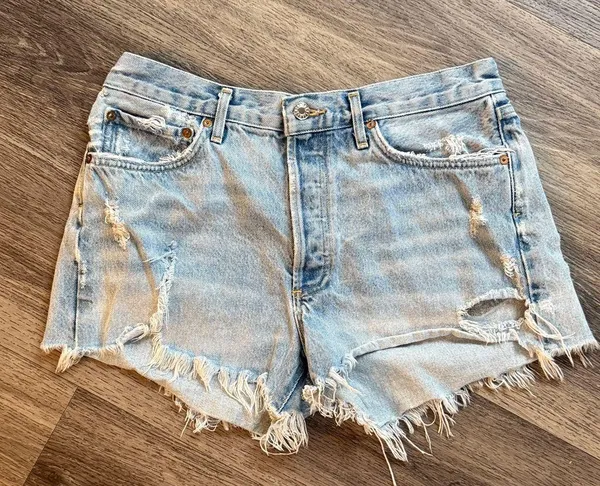 Agolde Frayed Hem Light Blue Jean Shorts Distressed Denim 28 - Image 2