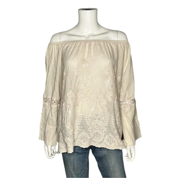 Kaktus Boho Embroidered Peasant Top XL Beige Off Shoulder Crochet Sequin - Image 3