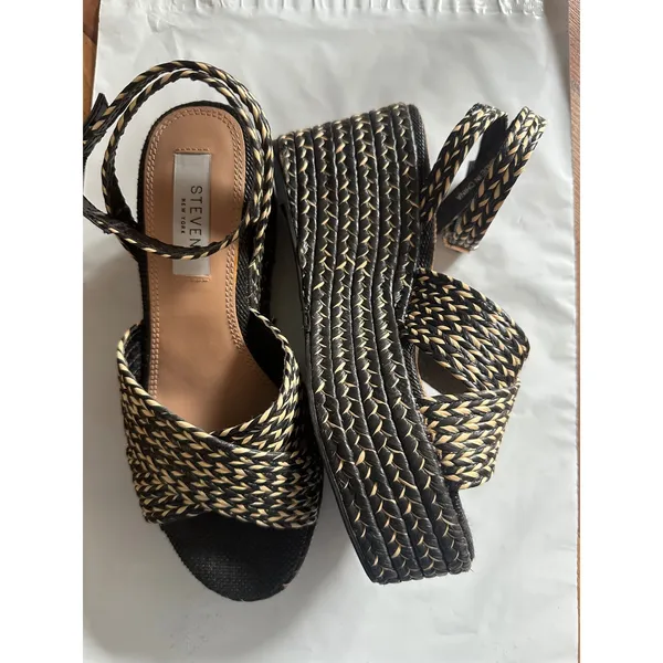 Steven New York Woven Espadrille Wedge Sandals Black Tan Ankle Strap Platform - Image 5