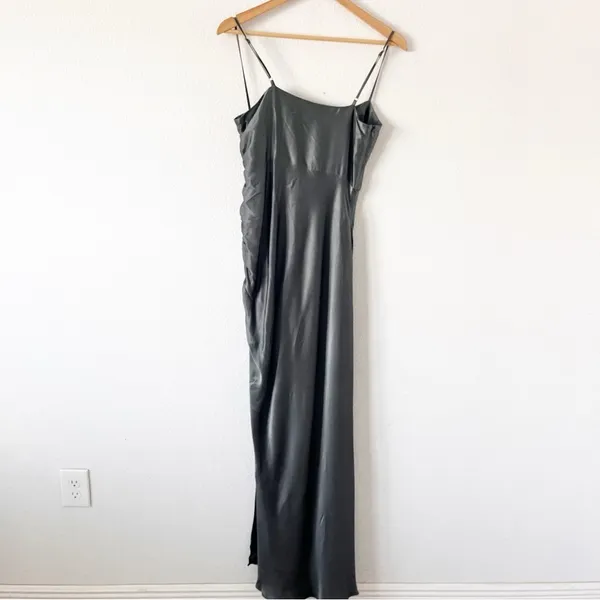 Shona Joy La Lune Olive Satin Ruched High Slit Formal Maxi Dress Gown - Image 10