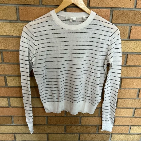 VINCE Cotton Lightweight Mesh White Black Stripe Crewneck Long Sleeve Sweater S - Image 2