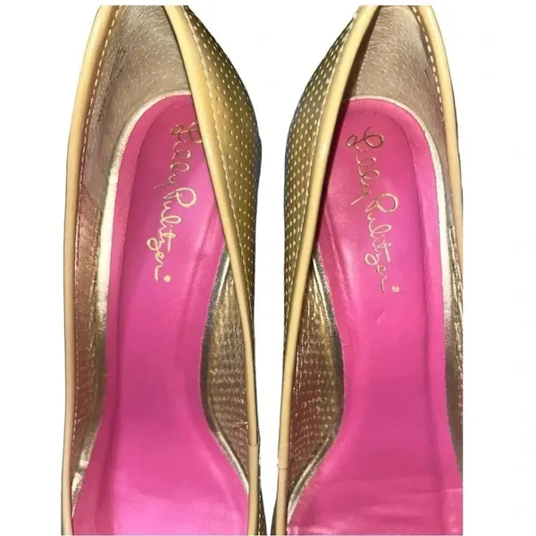 Lilly Pulitzer Wedge Pumps Womens 8M Tan Perforated Leather Peep Toe Raffia Heel - Image 7