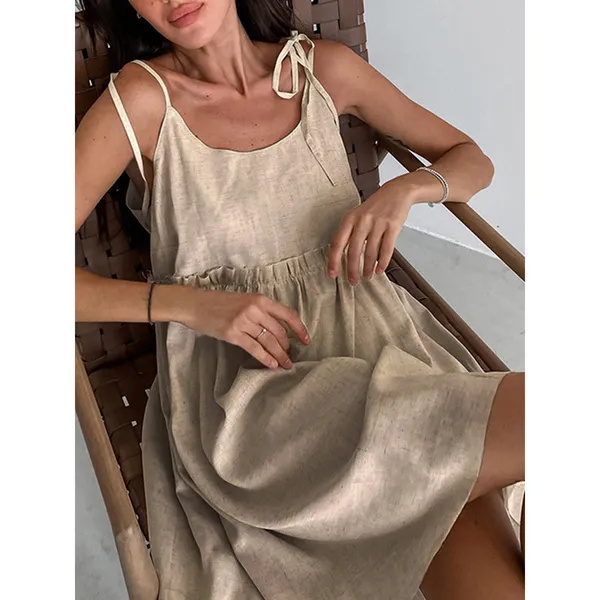 Commense Cottage Boho Tan Levanzo Tied Shoulder Cotton Linen Dress Casual XS - Image 8