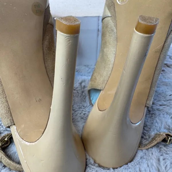Jessica Simpson‎ Tan Gold Suede Patent Platform T-Strap Peep Toe Heels 7.5B - Image 6