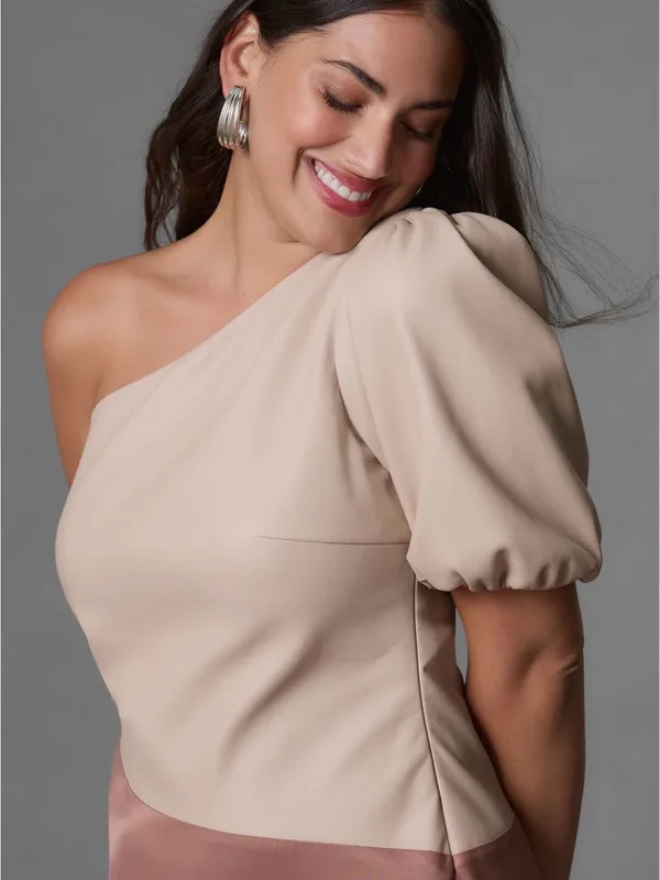 Anthropologie Asymmetric Faux Leather One-Shoulder Midi Dress - Image 3