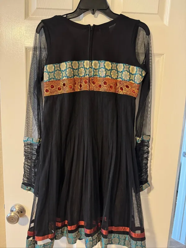 Girlish Embroidered Mesh Fit & Flare Dress Size 36 Black Boho Beaded - Image 8