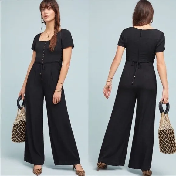 Maeve Anthropologie Black Square‎ Neck Button Front Wide Leg Jumpsuit Size 4 - Image 3