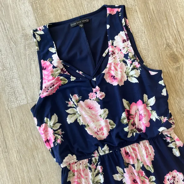 Womens Three Pink Hearts Blue with Pink Floral Print Maxi Dress - M - Image 2
