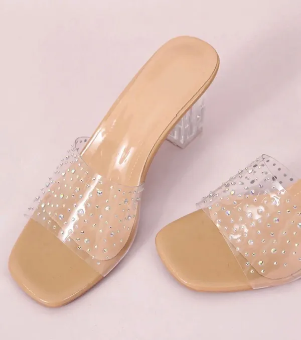 Beige Tan Neutral Rhinestone Block Heels Kitten Mules - Image 3