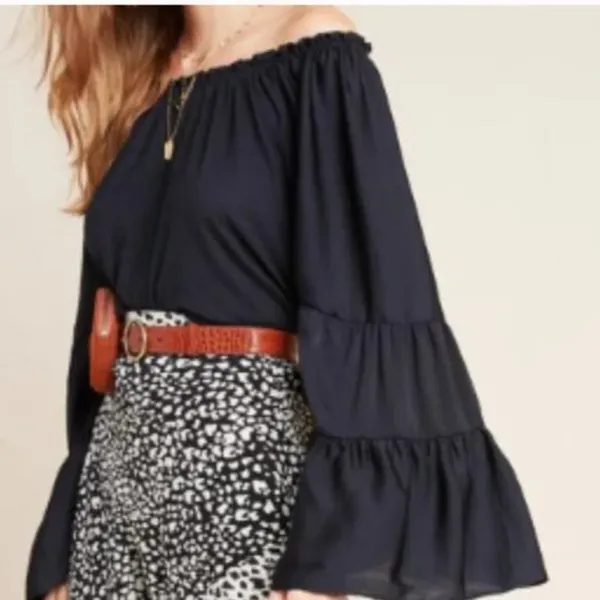 Anthropologie Black Off Shoulder Ruffled Hippie Fairy Peasant Top - Image 3