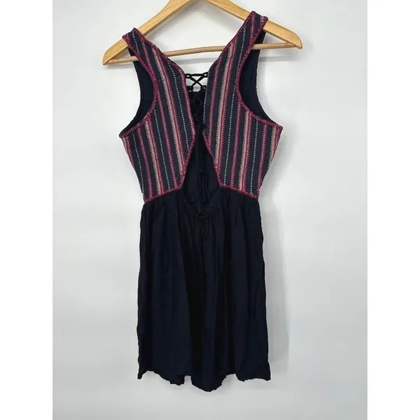 O'Neill Mini Dress Women Medium Black Striped Lace‎ Up Back Summer Boho Beach - Image 4
