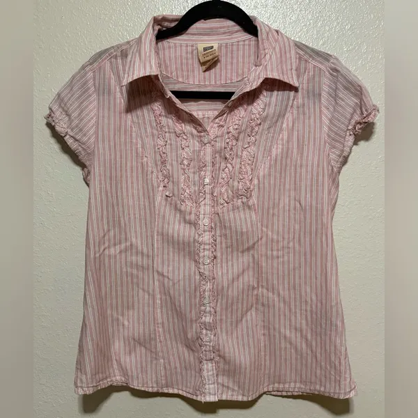 Faded Glory Pink Striped Button Up Blouse Ruffle Top | Cottagecore Casual Shirt - Image 2