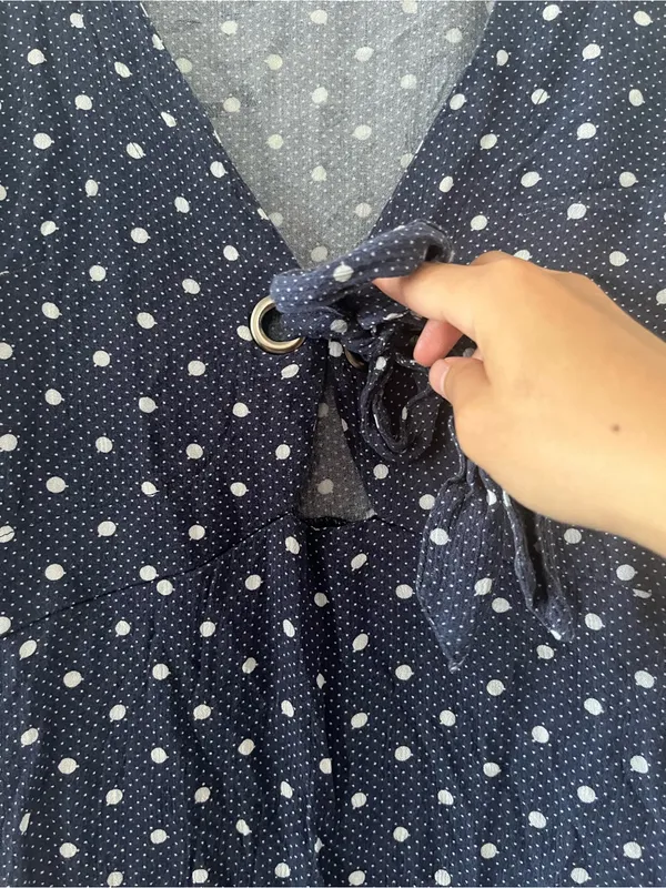 American Eagle Navy Blue Polka Dot Mini Dress Medium Lace Up Long Sleeve Coastal - Image 4