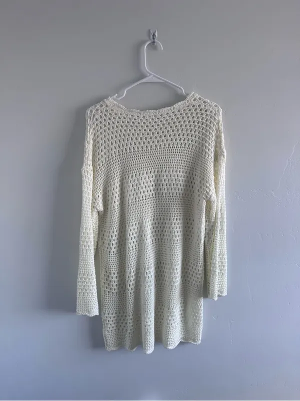 Cream Crochet Open-Knit Sweater Swim Coverup Medium - Image 2
