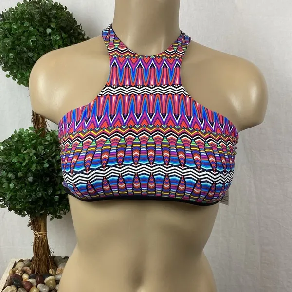 L*Space Black Multi Print Halter Bathing Swim Suit Bikini Top L - Image 2