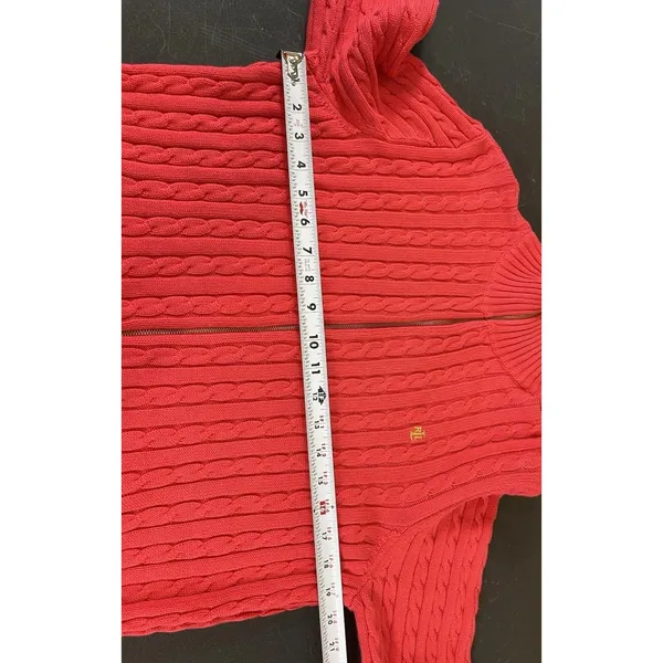 Lauren Ralph Lauren XL Dark Coral Cable Knit Full Zip Sweater Cotton Preppy Logo - Image 8