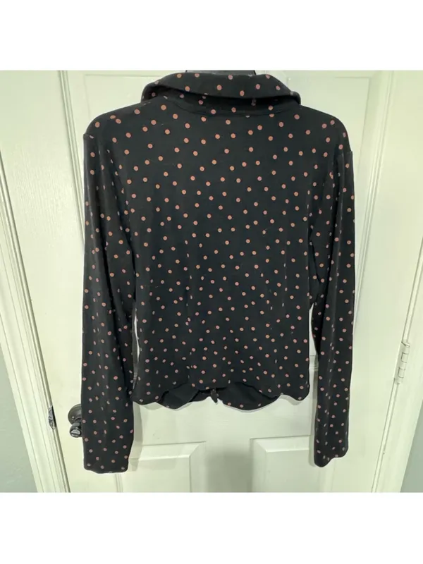 Maeve Anthropologie Ruched Button Front Top XL Black Tan Polka Dot Stretch - Image 5