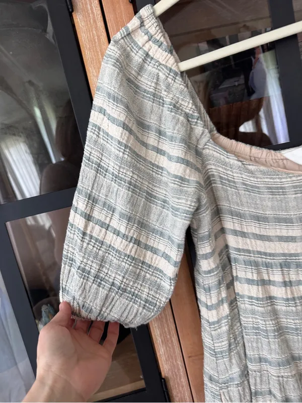 Anthropologie babydoll mini dress puff sleeve square neck sage striped textured - Image 4