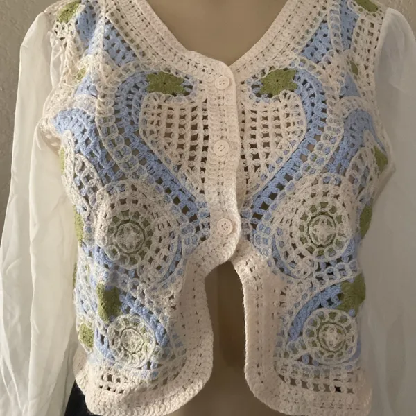 Mexican Crochet Floral Cardigan Women Size S Green Balloon Sleeve Boho NWOT - Image 4