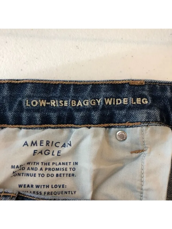 American Eagle Womens Low-Rise Baggy Wide Leg Jeans Size 14 Stretch Raw Hem - Image 5