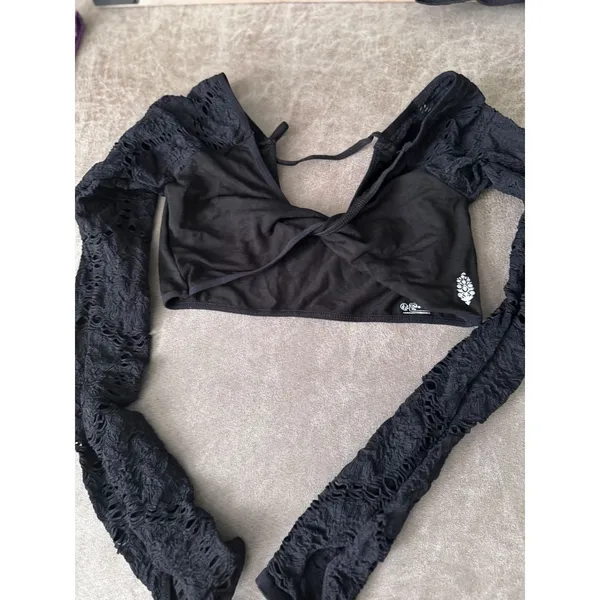 Free People Movement Say The Word Shrug Black XS/S Pointelle Lace Thumbhole Crop - Image 6