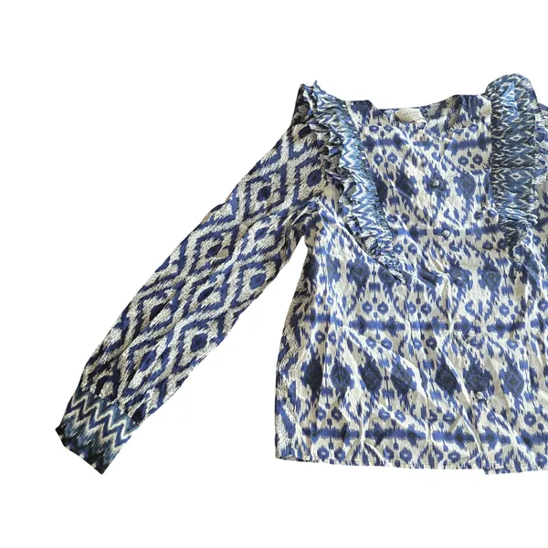 Sezane Boby Ruffle Blouse in Ikat Blue Size: 36 NEW - Image 3