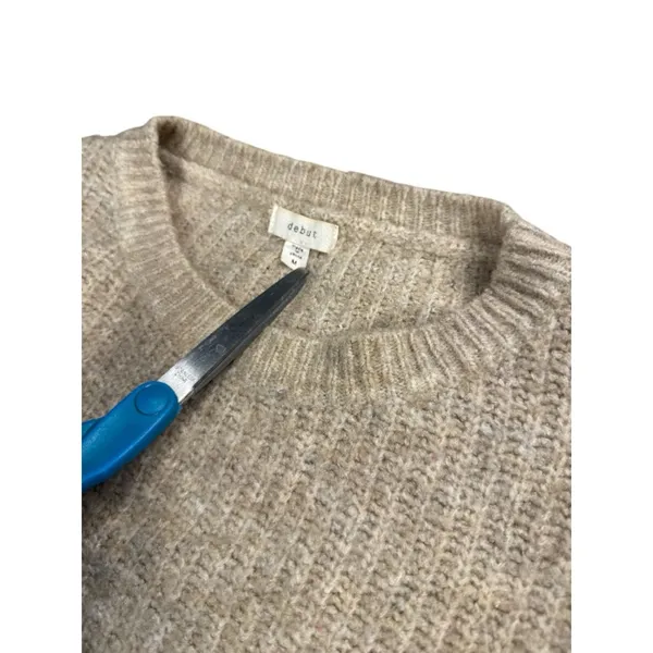 DEBUT Oatmeal Beige Knit Sweater Puffy Crocodile Stitch Sleeves Medium Cropped‎ - Image 4