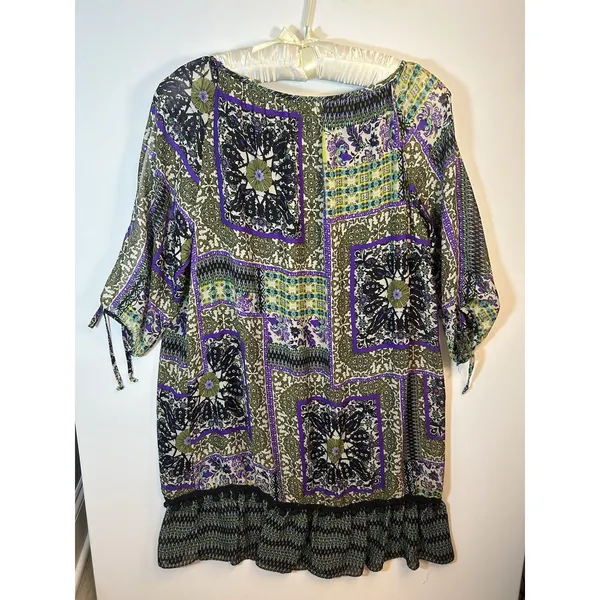 Women’s XL Purple Olive Patchwork Print Tunic Dress Ruffle Hem Tie Sleeves Boho - Image 12