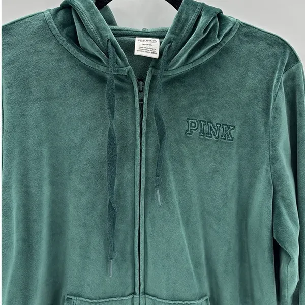 Pink Victoria’s Secret Y2K green velvet full zip hoodie size M casual athleisure - Image 3