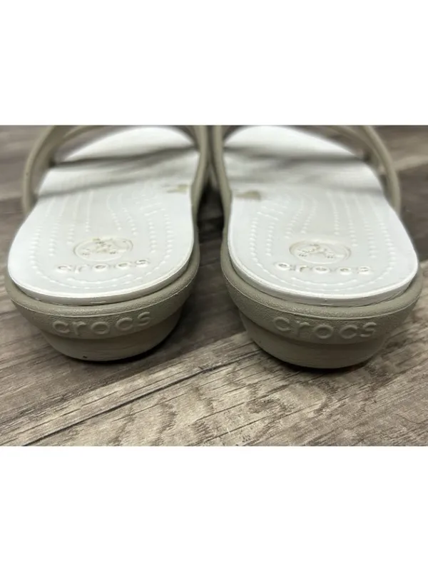 Crocs Sanrah Sandals Women Size 9 Beveled Circle Wedge Khaki Oyster Slip On Shoe - Image 4