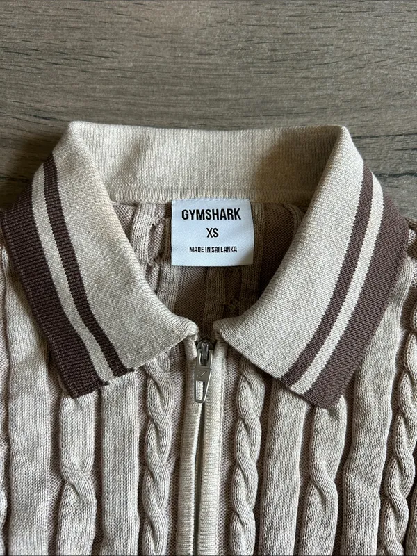 Gymshark Cropped Cable-Knit Polo Sweater in Light Beige with Brown Trim - Image 2