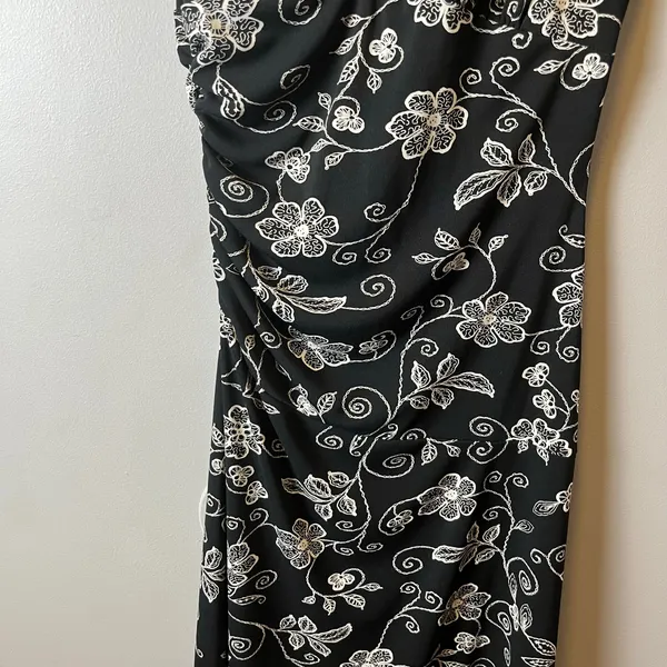 Vintage Y2K Black Floral Midi Dress Ruched Waist Sleeveless Romantic Soft Goth S - Image 3