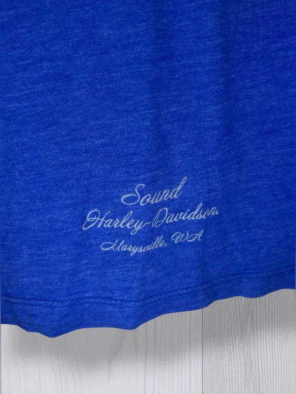 HARLEY DAVIDSON Vintage Royal Blue Heather Graphic T-Shirt | Red Spellout Logo - Image 7