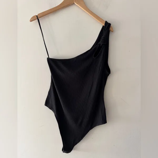 American Eagle Black Ribbed One Shoulder Tie Detail Bodysuit‎ - Image 2
