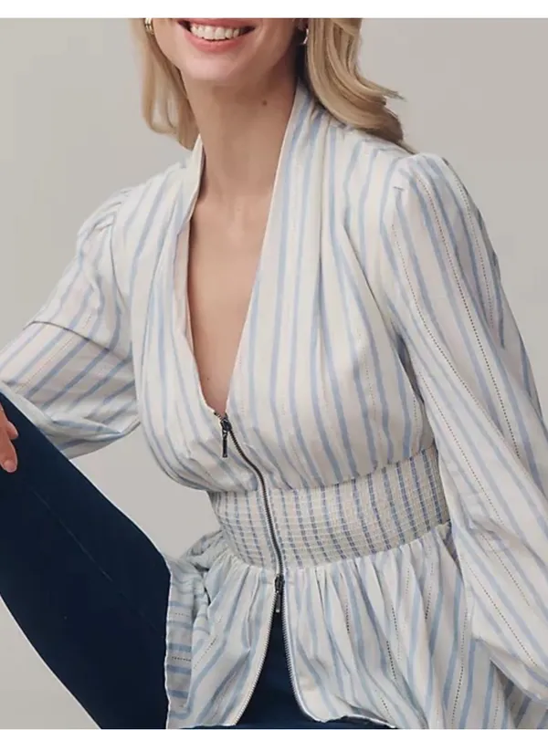Anthropologie Tommie Long-Sleeve Smocked Front-Zip Blouse - Image 2