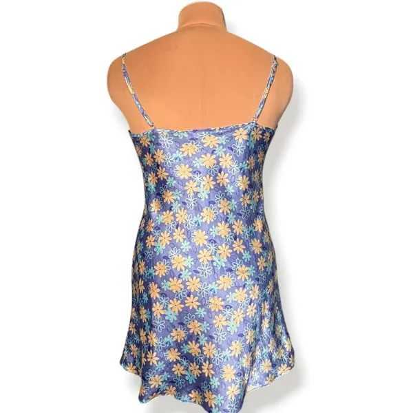 Floral Satin Mini Slip Dress Blue Yellow Daisy Print Y2K 90s Fairycore Cottage - Image 4