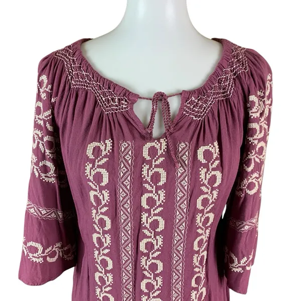 Sincerely Mary Boho Peasant Top Embroidered 3/4 Sleeve Tunic Blouse Purple Small - Image 3