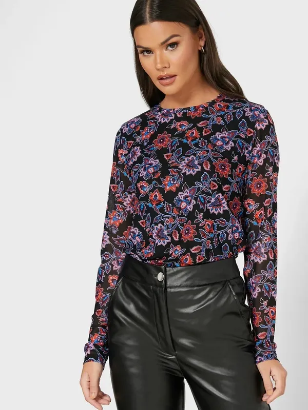Banana Republic • floral print long sleeve mesh tee knit top blouse black sheer - Image 4