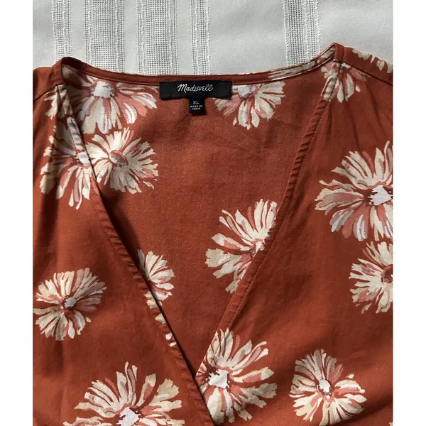 Madewell Women's Wrap Floral Print Mini Dress Burnt Orange/ Rusty Size XL EUC - Image 11