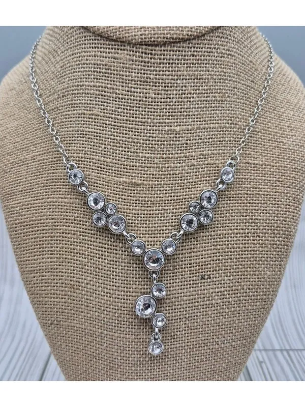 Crystal Y Drop Necklace Silver Tone Chain Formal Jewelry 19" - Image 4